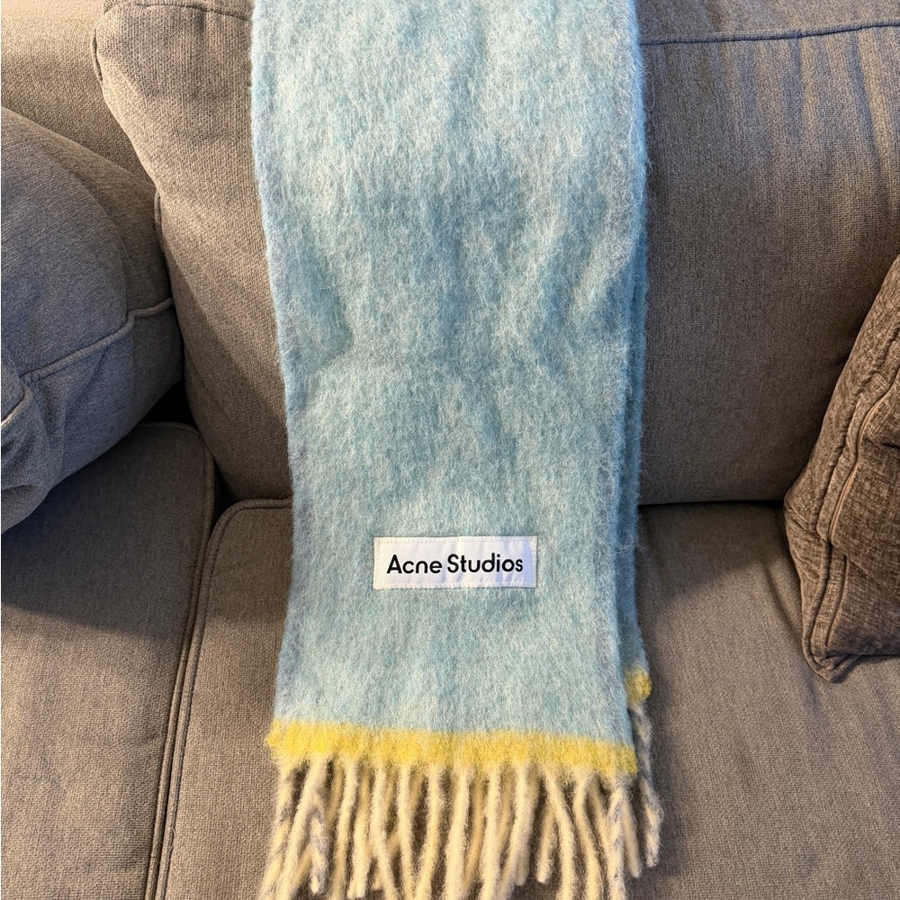 Acne Studios Fringe Scarf in Aqua and Pale Yellow - Picture 4 of 4